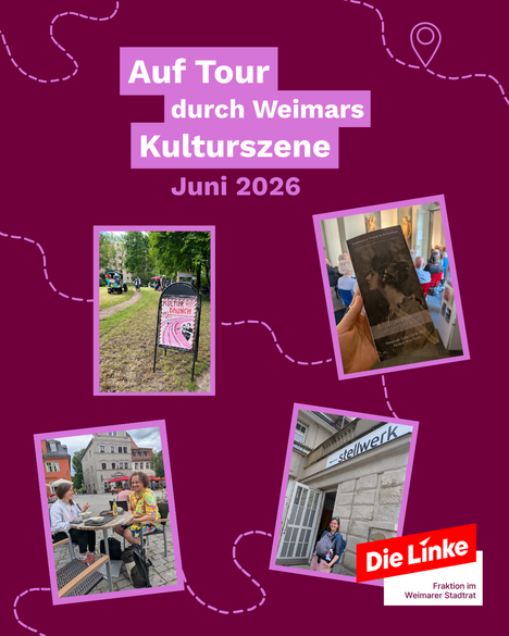 Überschrift "Auf Tour durch Weimars Kulturszene - Juni 2026" und darunter sind vier Bilder der ersten vier Stationen der Tour 